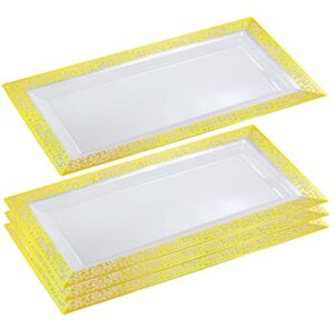 yumchikel-elegant plastic serving tray & platter set (4pk) - clear & gold rim disposable serving trays & platters for food - weddings, upscale parties, dessert table, cupcake display - 7.5 x 14 inches