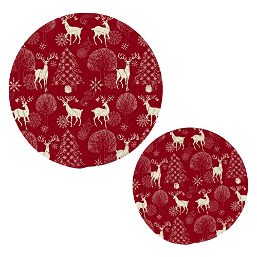 Christmas and New Year Red Festive Background Night Forest with Deer and Christmas Tree Winter Trivets for Hot Dishes 2 Pcs,Hot Pad for Kitchen,Trivets for Hot Pots and Pans,Large Coasters Cotton Mat