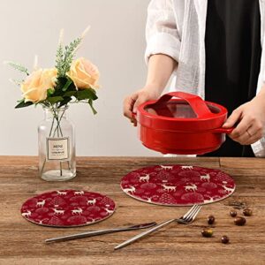 Christmas and New Year Red Festive Background Night Forest with Deer and Christmas Tree Winter Trivets for Hot Dishes 2 Pcs,Hot Pad for Kitchen,Trivets for Hot Pots and Pans,Large Coasters Cotton Mat