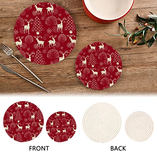 Christmas and New Year Red Festive Background Night Forest with Deer and Christmas Tree Winter Trivets for Hot Dishes 2 Pcs,Hot Pad for Kitchen,Trivets for Hot Pots and Pans,Large Coasters Cotton Mat