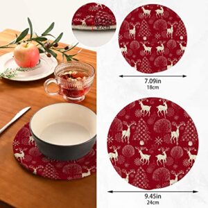 Christmas and New Year Red Festive Background Night Forest with Deer and Christmas Tree Winter Trivets for Hot Dishes 2 Pcs,Hot Pad for Kitchen,Trivets for Hot Pots and Pans,Large Coasters Cotton Mat