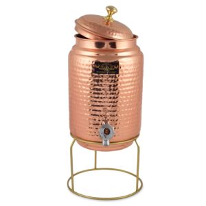 golden drops pure hammered copper water dispenser with tap & stand matka water jug copper pot 5 liter with 2 copper hammered water glasses, brown, dispenser - 5 liter
