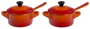 le creuset stoneware set of 2 condiment dish and spoon set, flame