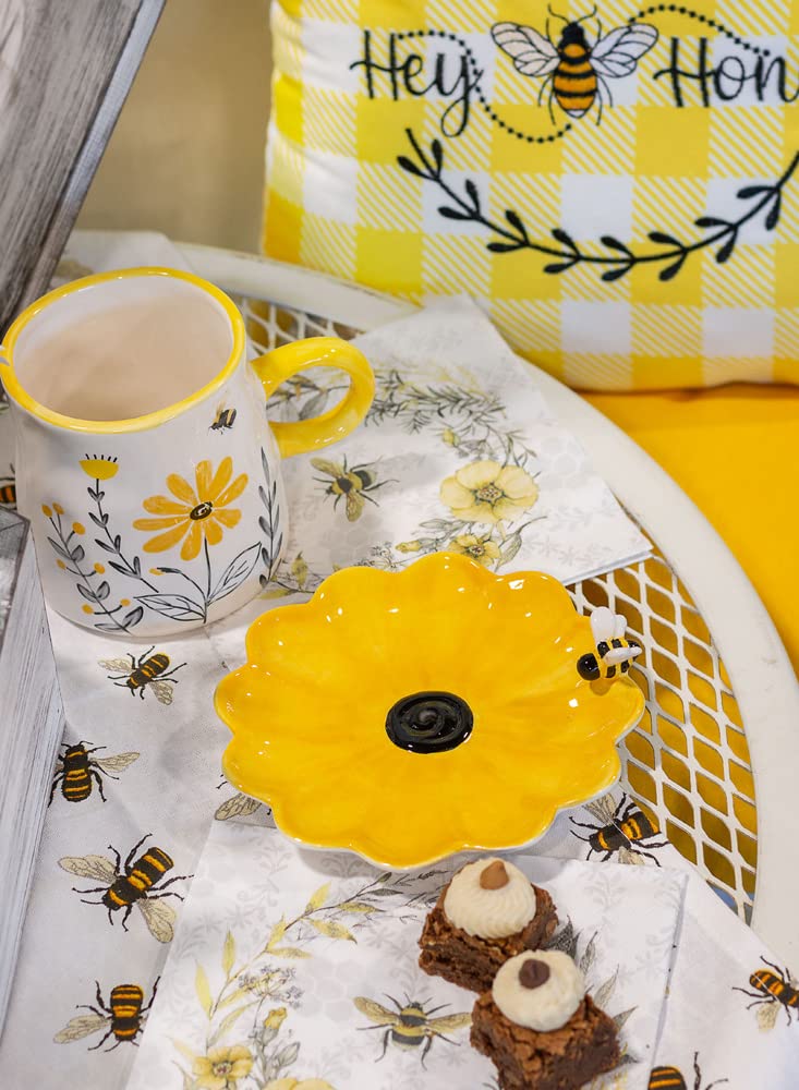 Boston International Serving Plate Everyday Ceramic Tableware, 6-Inches Round, Sunny Bee Sunflower