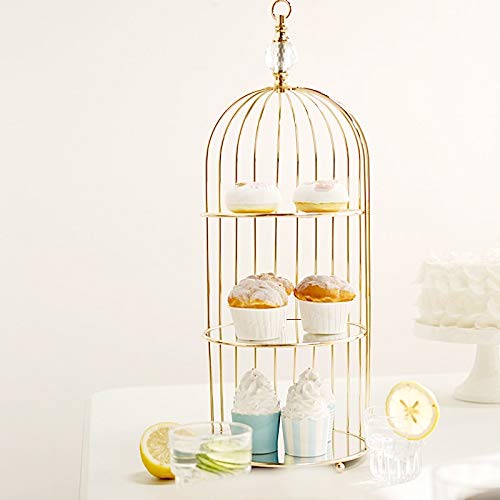 BalsaCircle 22-Inch Gold 3 Tier Metal Mirror Glass Hanging Bird Cage Dessert Cupcake Stand Wedding Reception Party Table Decorations