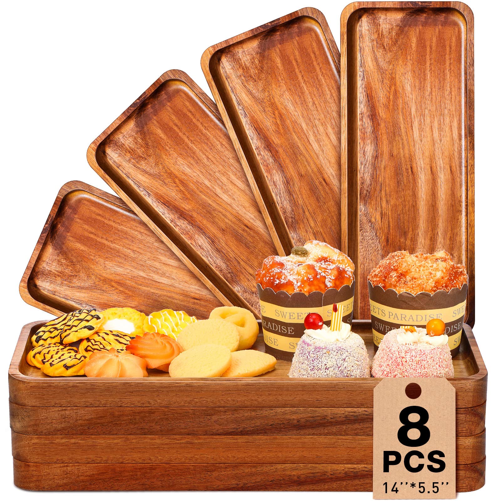 Roowest 8 Pcs Solid Acacia Wood Serving Tray 14 x 5.5'' Rectangular Wooden Serving Platter Long Cheese Charcuterie Boards with Edges Serving Board Wood Boards for Food Vegetable Appetizer Party Decor