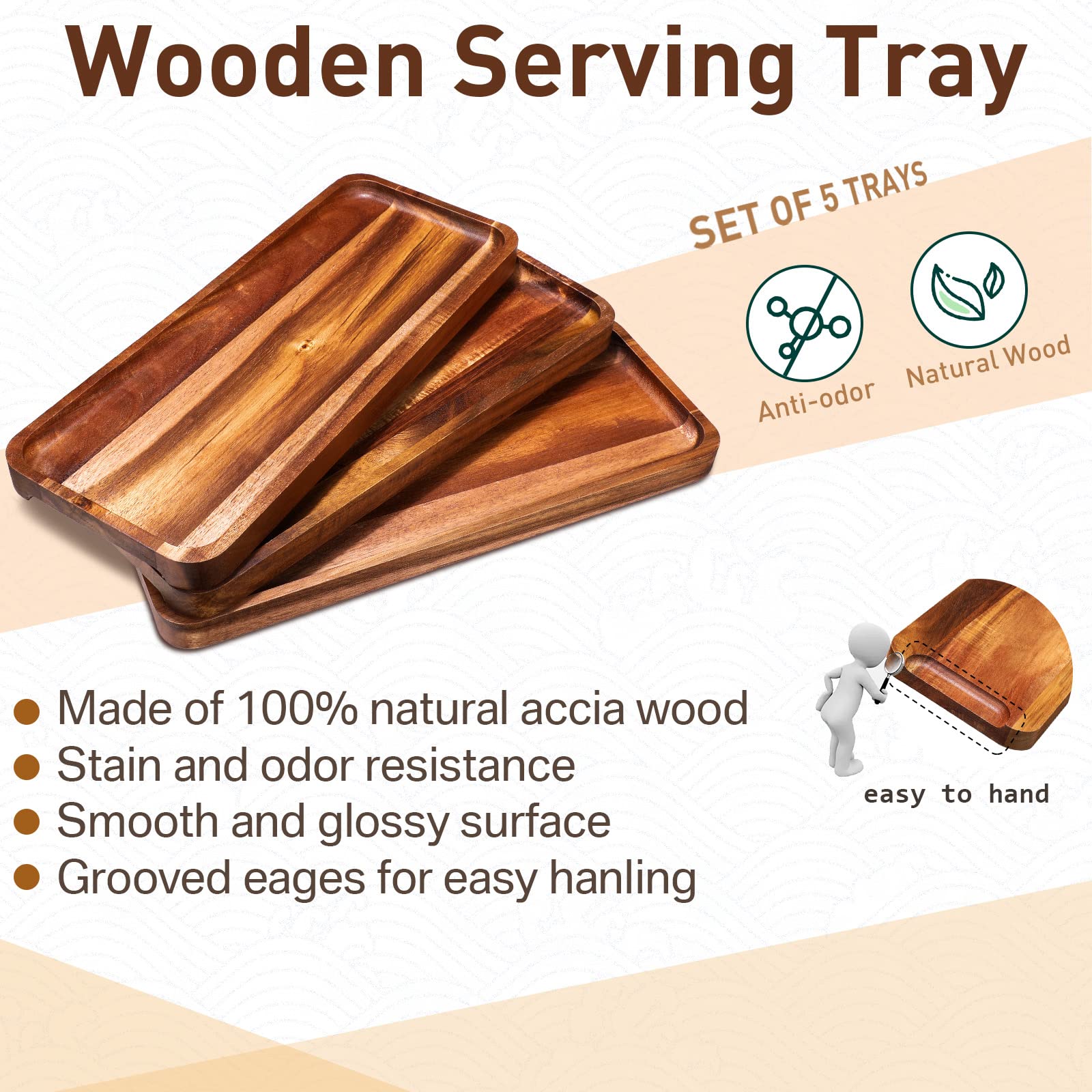 Roowest 8 Pcs Solid Acacia Wood Serving Tray 14 x 5.5'' Rectangular Wooden Serving Platter Long Cheese Charcuterie Boards with Edges Serving Board Wood Boards for Food Vegetable Appetizer Party Decor