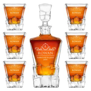 maverton personalized whiskey decanter and 6 glasses for man - elegant whiskey set with engraving - ice cubes model - stylish barware for birthday - for whisky connoisseurs - juice