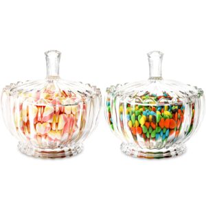 DEAYOU 2 Pack Glass Candy Dish with Lid Large, 34 Oz Crystal Decorative Covered Sugar Bowl, Clear Biscuit Barrel Candy Buffet Box Storage Container for Snack, Gift, 6", Vintage Stripe Style