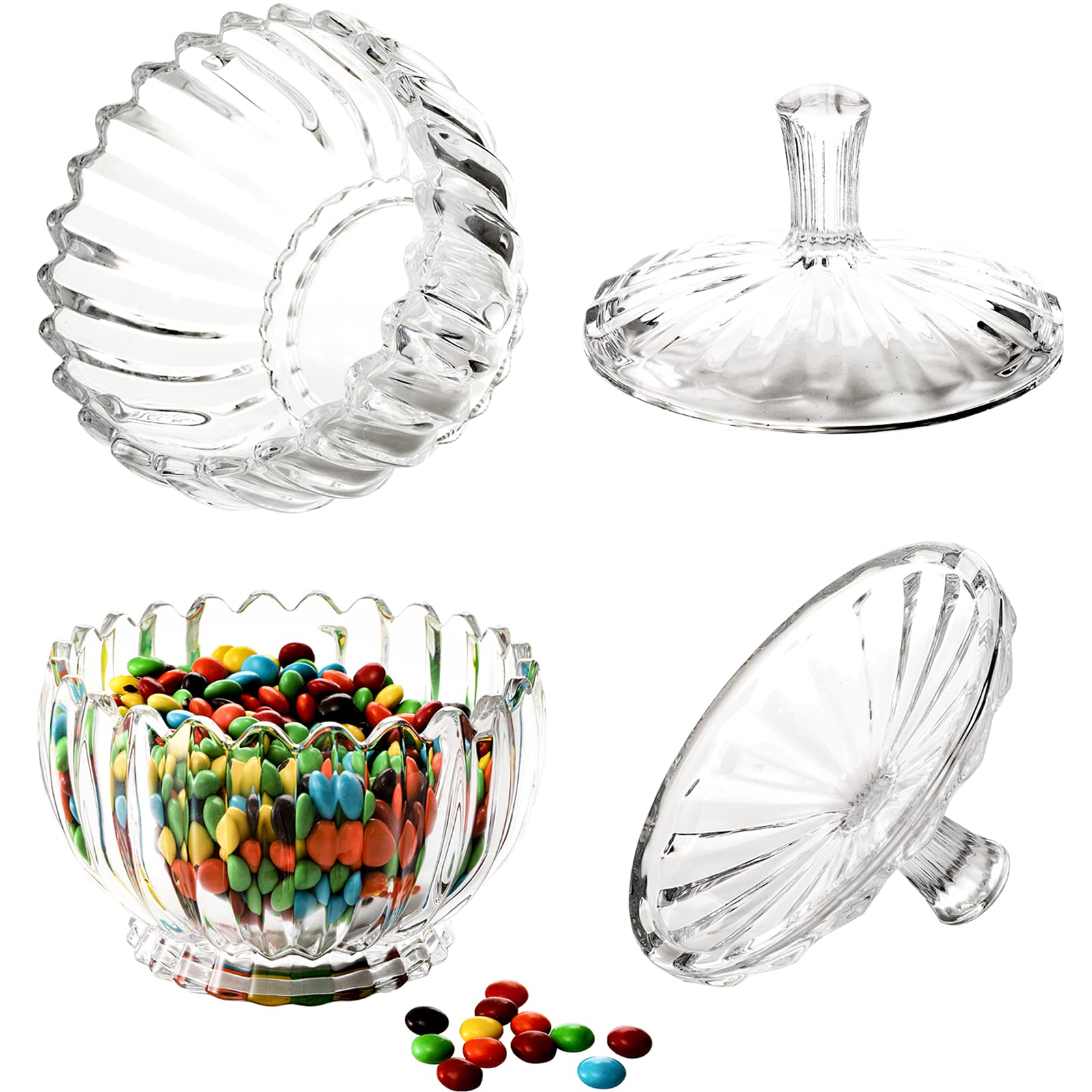 DEAYOU 2 Pack Glass Candy Dish with Lid Large, 34 Oz Crystal Decorative Covered Sugar Bowl, Clear Biscuit Barrel Candy Buffet Box Storage Container for Snack, Gift, 6", Vintage Stripe Style