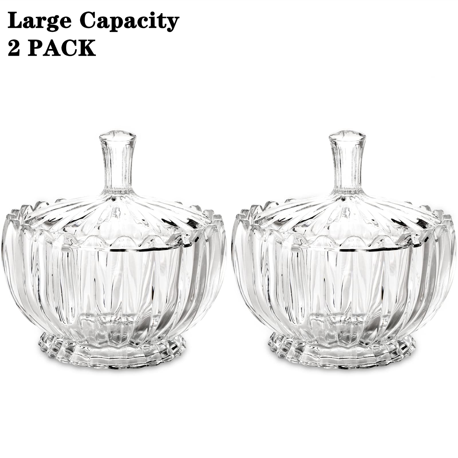 DEAYOU 2 Pack Glass Candy Dish with Lid Large, 34 Oz Crystal Decorative Covered Sugar Bowl, Clear Biscuit Barrel Candy Buffet Box Storage Container for Snack, Gift, 6", Vintage Stripe Style