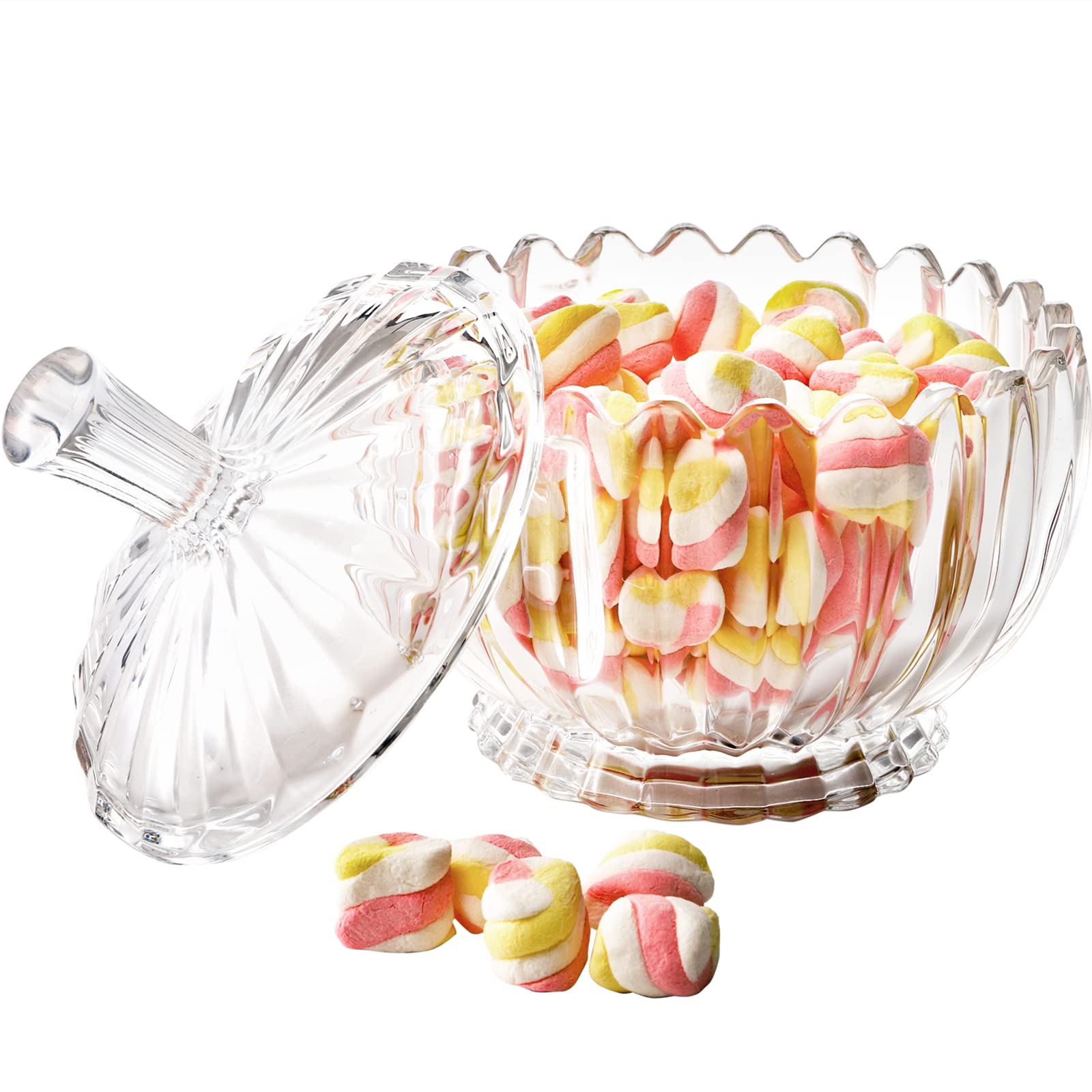 DEAYOU 2 Pack Glass Candy Dish with Lid Large, 34 Oz Crystal Decorative Covered Sugar Bowl, Clear Biscuit Barrel Candy Buffet Box Storage Container for Snack, Gift, 6", Vintage Stripe Style