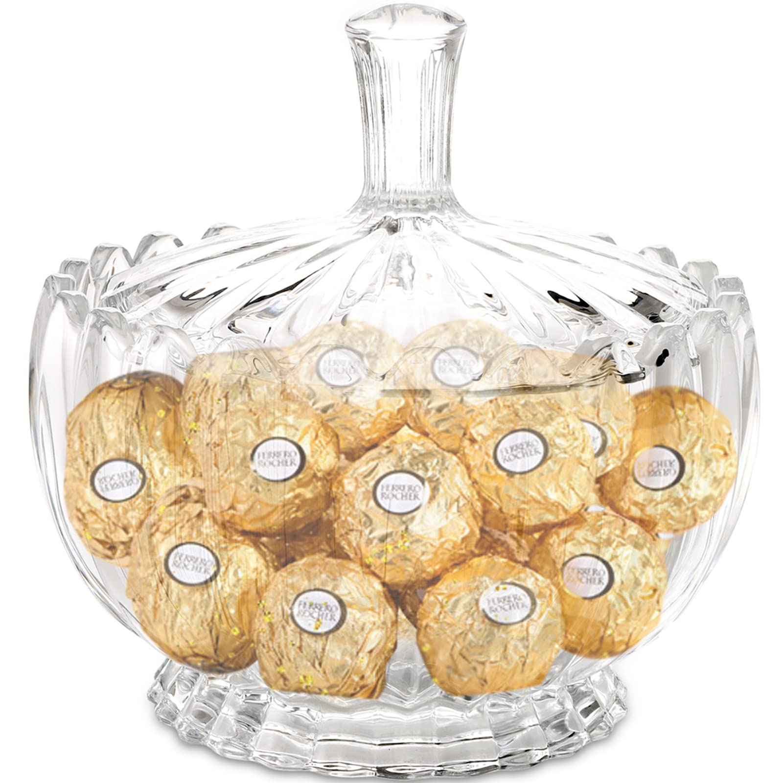 DEAYOU 2 Pack Glass Candy Dish with Lid Large, 34 Oz Crystal Decorative Covered Sugar Bowl, Clear Biscuit Barrel Candy Buffet Box Storage Container for Snack, Gift, 6", Vintage Stripe Style