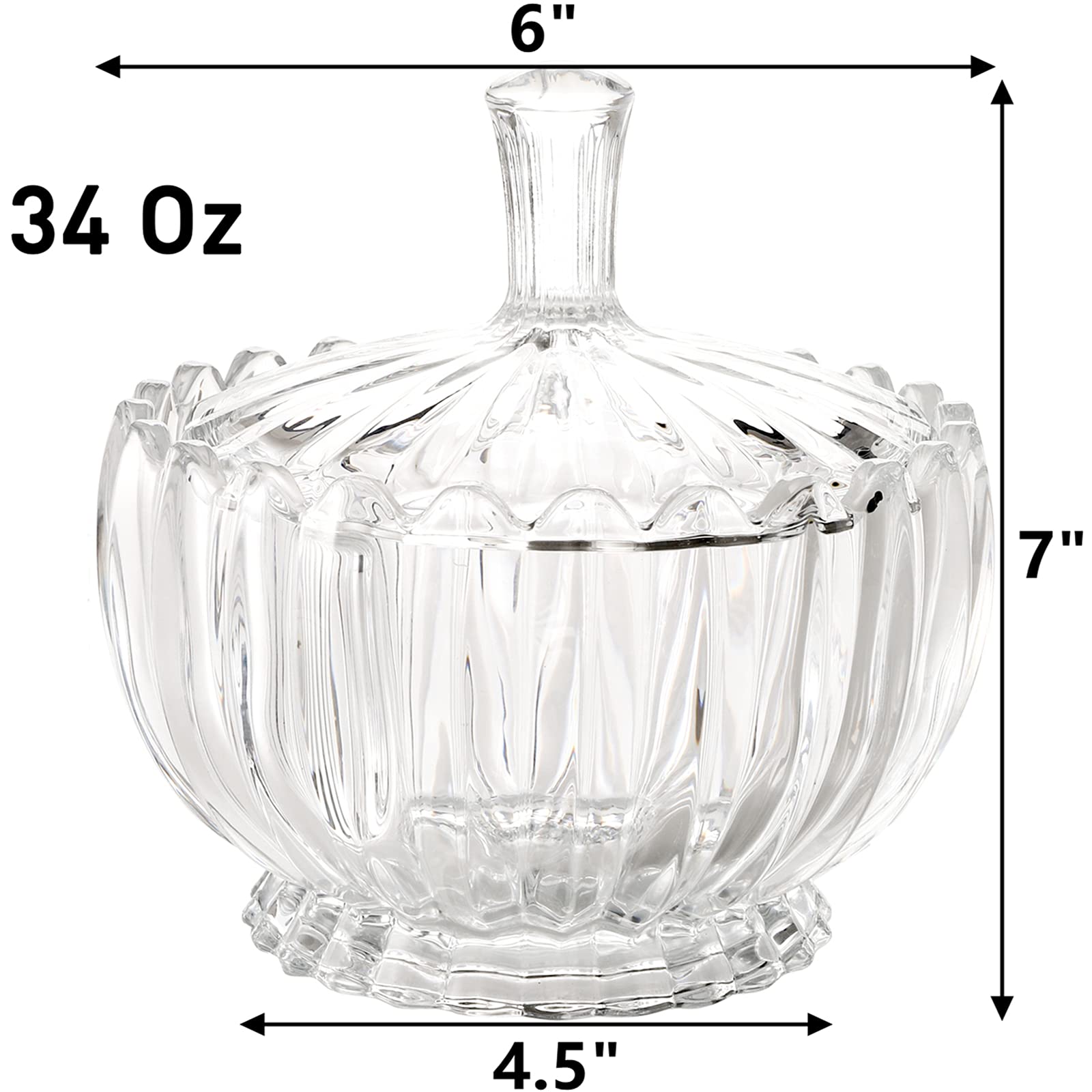 DEAYOU 2 Pack Glass Candy Dish with Lid Large, 34 Oz Crystal Decorative Covered Sugar Bowl, Clear Biscuit Barrel Candy Buffet Box Storage Container for Snack, Gift, 6", Vintage Stripe Style