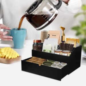 Coffee Station Organizer Coffee Bar Essentials Condiment Pod Storage Drawers, Coffee Bar Set Up For Countertop, Coffee Bar Accessories And Organizer Coffee Stand Cup Holder For Kitchen Office, Black