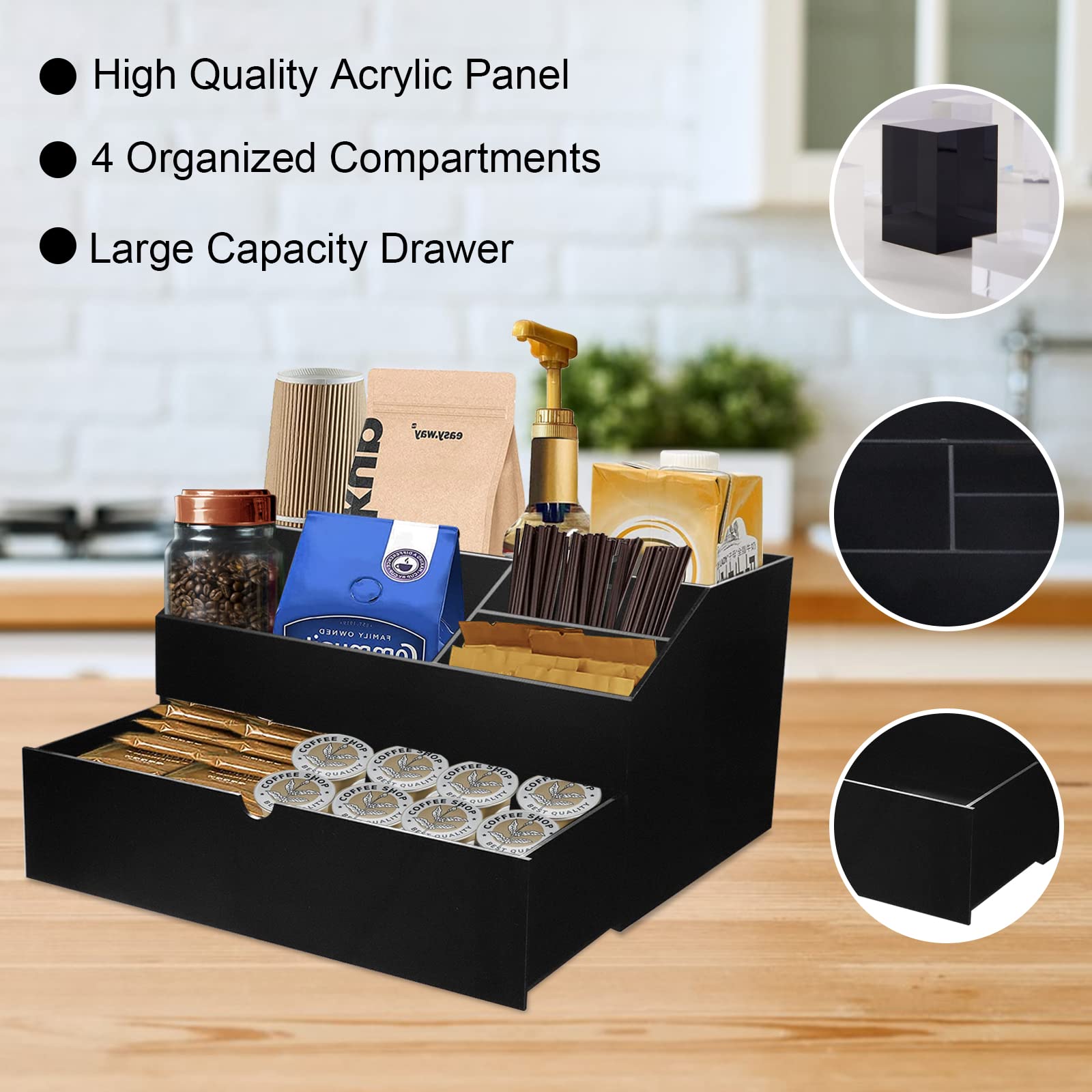 Coffee Station Organizer Coffee Bar Essentials Condiment Pod Storage Drawers, Coffee Bar Set Up For Countertop, Coffee Bar Accessories And Organizer Coffee Stand Cup Holder For Kitchen Office, Black