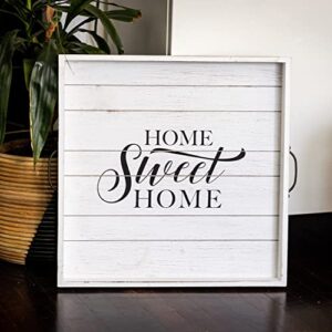 Stonebriar Square Worn White Home Sweet Home Decorative Wooden Tray with Metal Handles