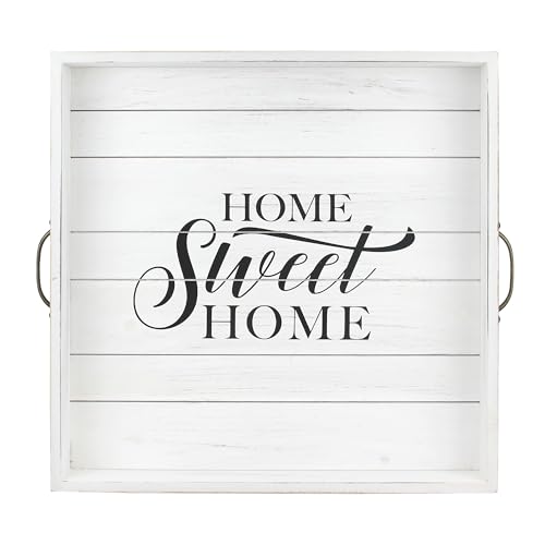 Stonebriar Square Worn White Home Sweet Home Decorative Wooden Tray with Metal Handles