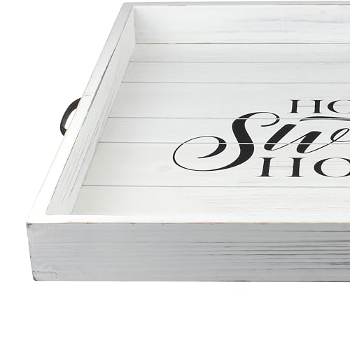 Stonebriar Square Worn White Home Sweet Home Decorative Wooden Tray with Metal Handles