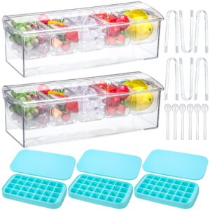 17 pcs condiment server with lid chilled condiment tray with 5 compartments container set include 2 garnish tray, 3 cocktail ice cube tray, 6 spoon 6 tong, bar fruit caddy with lid condiment organizer