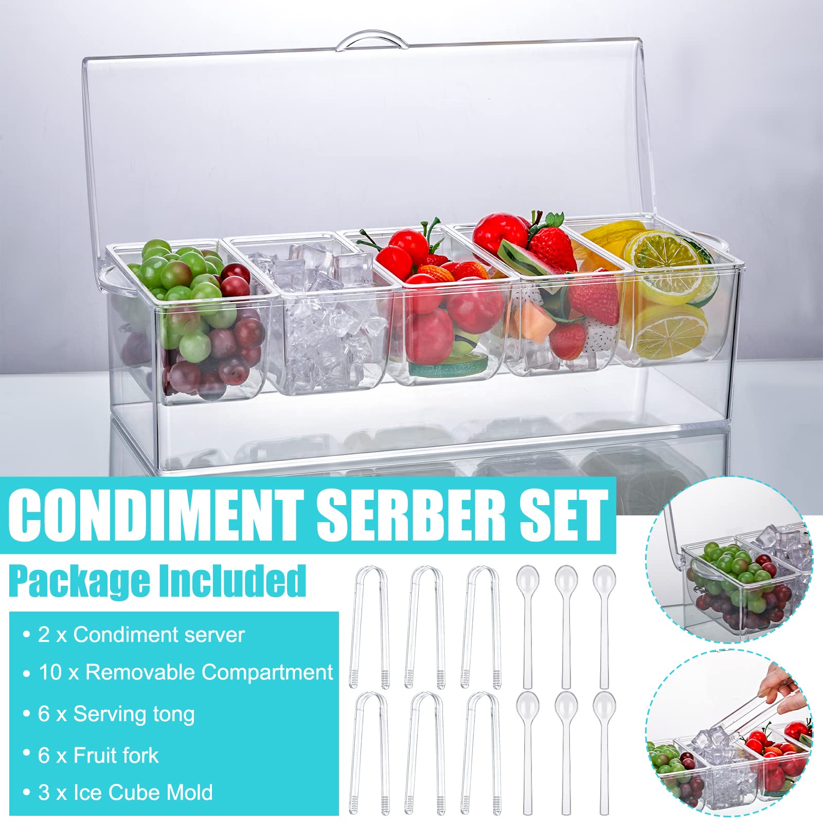 17 Pcs Condiment Server with Lid Chilled Condiment Tray with 5 Compartments Container Set Include 2 Garnish Tray, 3 Cocktail Ice Cube Tray, 6 Spoon 6 Tong, Bar Fruit Caddy with Lid Condiment Organizer