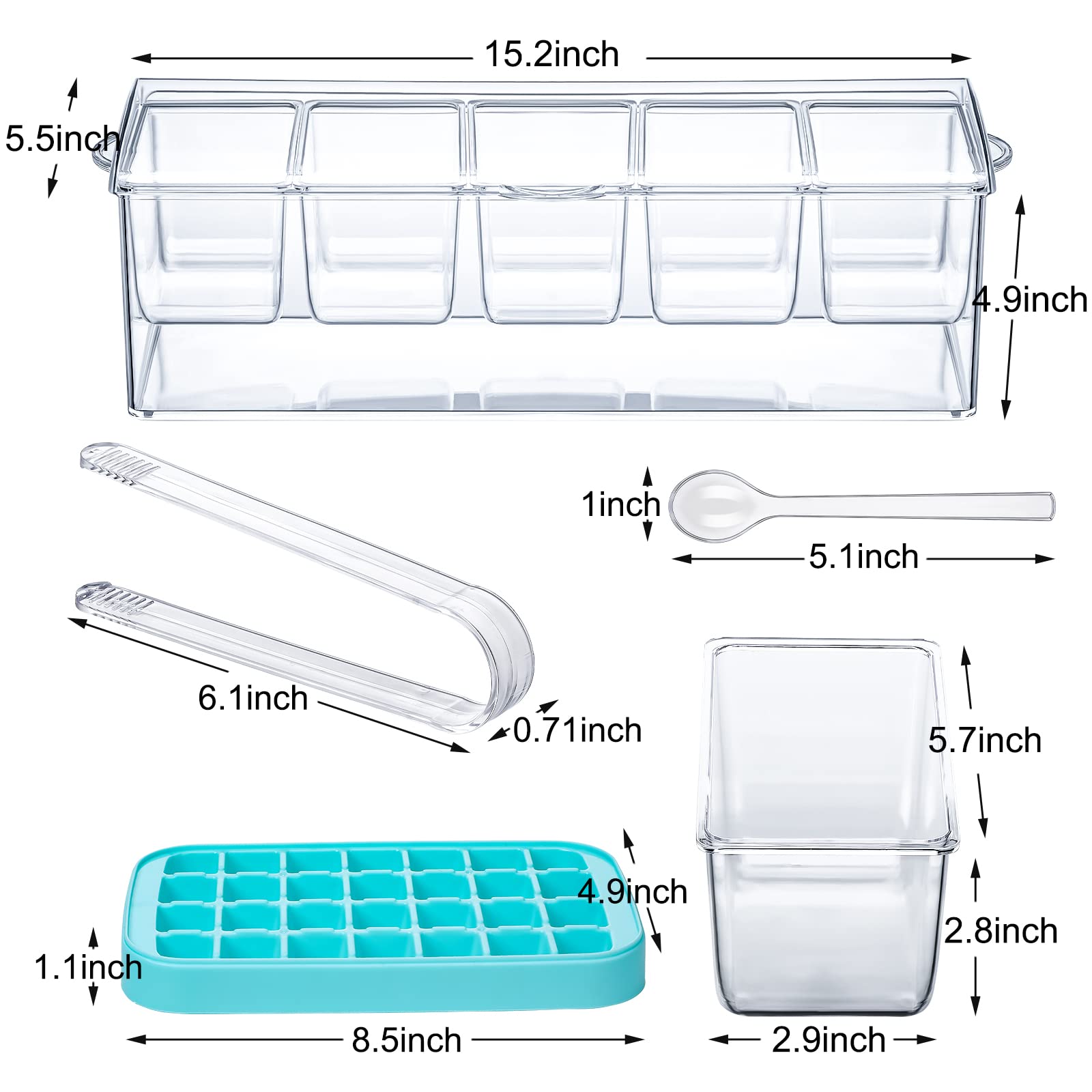 17 Pcs Condiment Server with Lid Chilled Condiment Tray with 5 Compartments Container Set Include 2 Garnish Tray, 3 Cocktail Ice Cube Tray, 6 Spoon 6 Tong, Bar Fruit Caddy with Lid Condiment Organizer