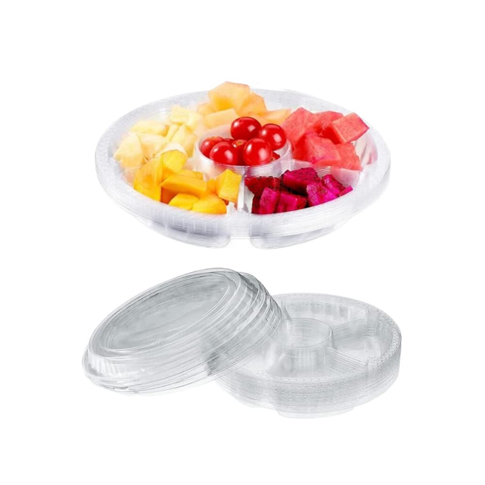 Clear Plastic Appetizer Trays with Lids, Travel Round Disposable Compartment Serving Platters,6 Sectional Catering Trays for Vegetable Salad Food for Fruit Veggie Snack Food Containers (10 Pack)