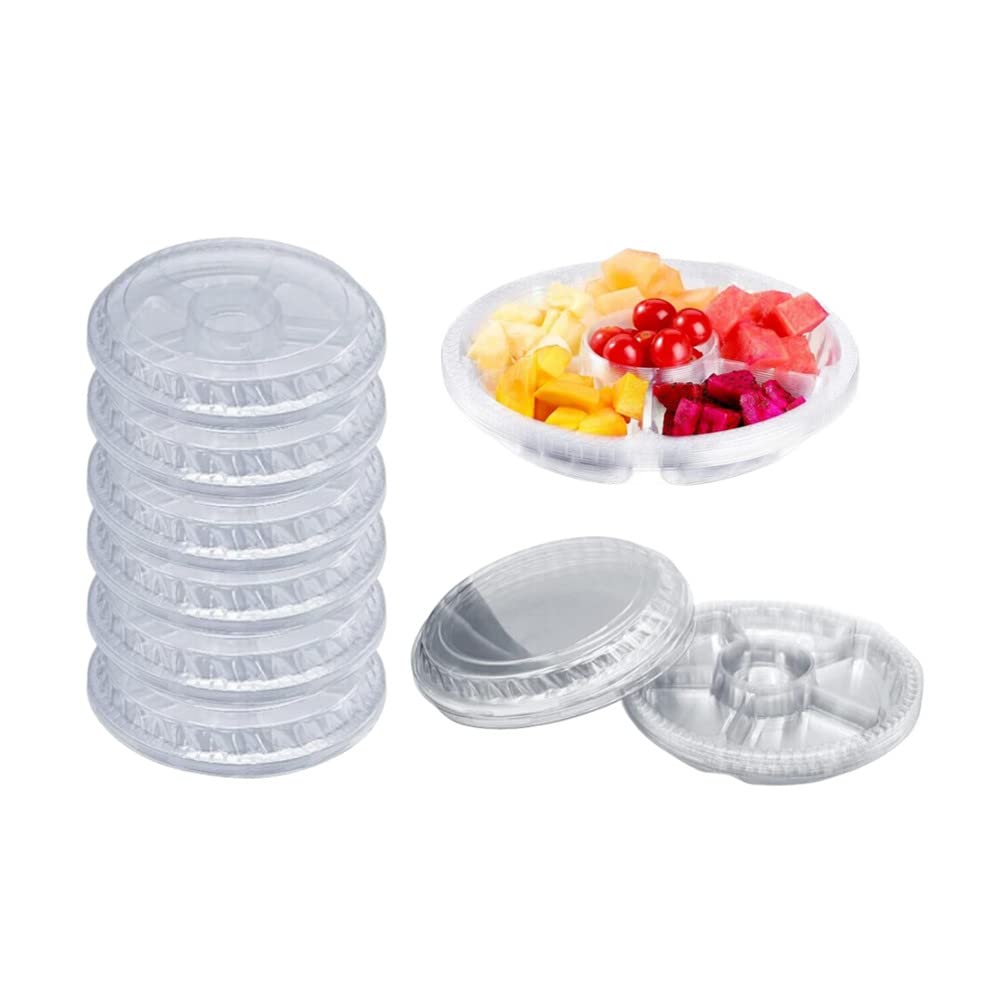 Clear Plastic Appetizer Trays with Lids, Travel Round Disposable Compartment Serving Platters,6 Sectional Catering Trays for Vegetable Salad Food for Fruit Veggie Snack Food Containers (10 Pack)