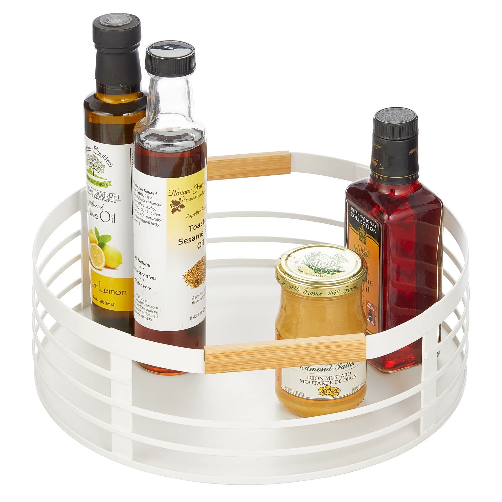 mDesign Modern Metal Lazy Susan Turntable Tray - Rotating Storage Spinner Organizer w/Bamboo Handles for Kitchen, Pantry, Cabinet, Table, Fridge, 11.5 Inch Round - White/Natural