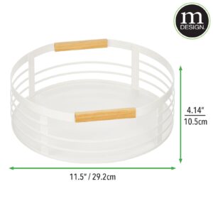 mDesign Modern Metal Lazy Susan Turntable Tray - Rotating Storage Spinner Organizer w/Bamboo Handles for Kitchen, Pantry, Cabinet, Table, Fridge, 11.5 Inch Round - White/Natural