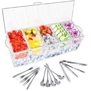 fodiens 5 compartment condiment server, ice chilled condiment containers with lid, clear condiment caddy serving tray on ice with 5 serving spoons 5 fruit forks 2 serving tongs