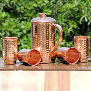 HealthGoodsIn - Pure Copper Hammered Pitcher with 4 Copper Tumblers | Hammered Copper Pitcher and Tumblers for Ayurveda Health Benefits