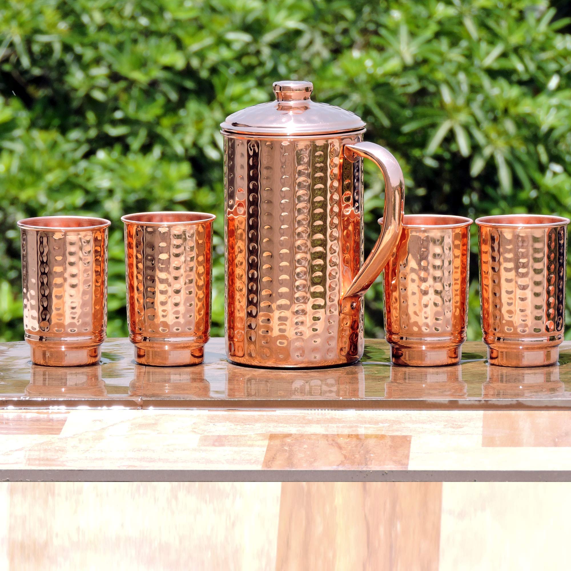 HealthGoodsIn - Pure Copper Hammered Pitcher with 4 Copper Tumblers | Hammered Copper Pitcher and Tumblers for Ayurveda Health Benefits