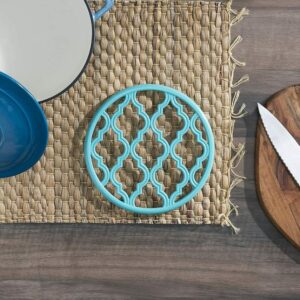 Cast Iron Trivet for Serving Hot Pots, Pans, Holder Lattice Beautiful Countertop Decor Heat Resistant Turquoise