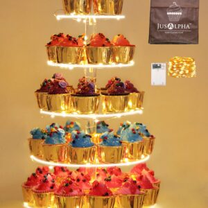 Jusalpha 5 Tier Circle Cupcake Stand With Light - Premium Cupcake Holder - Acrylic Cupcake Tower - Ideal for Weddings Birthday Parties, Candy Bar Decor 5RF-S (LED Light Option: Battery)