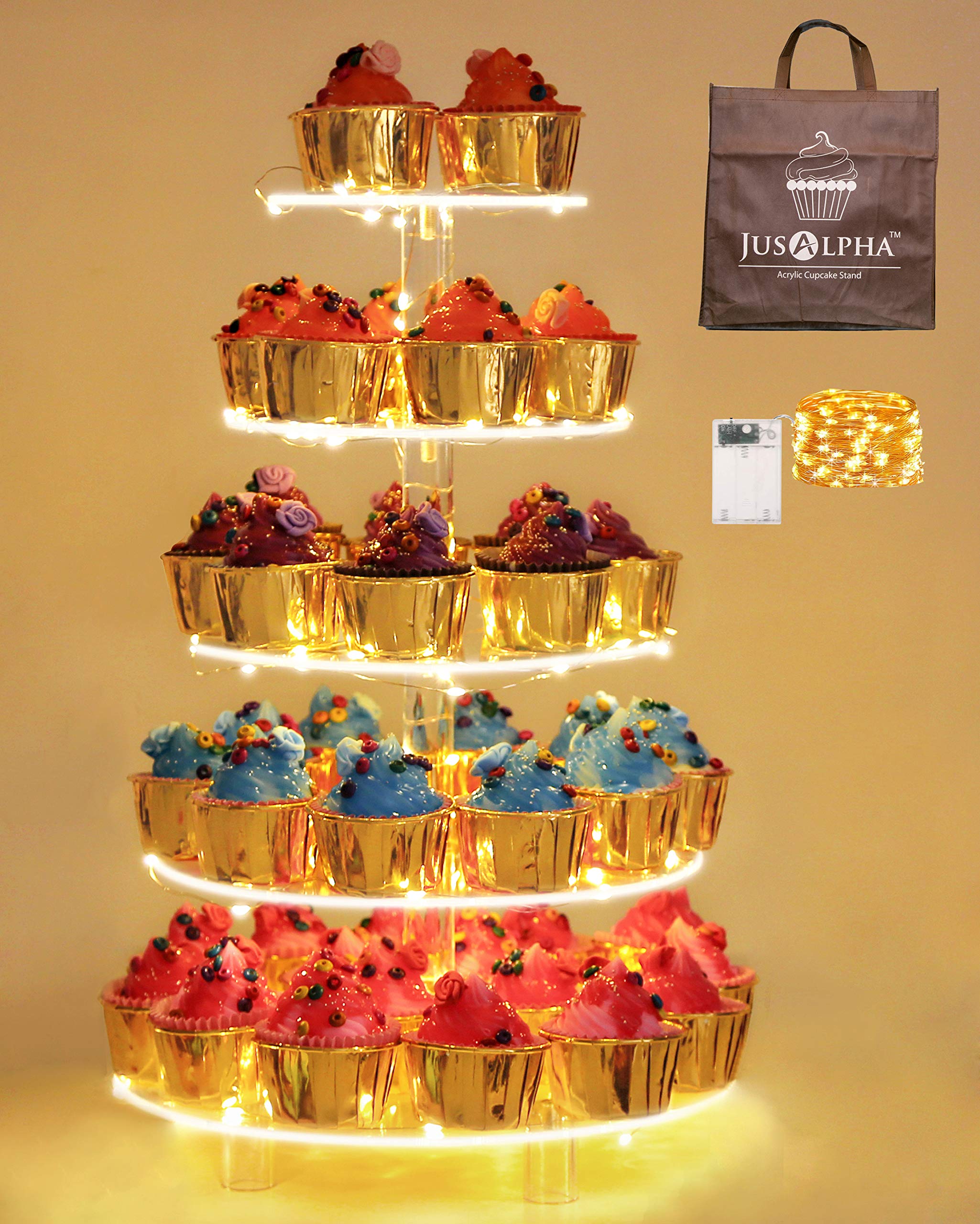 Jusalpha 5 Tier Circle Cupcake Stand With Light - Premium Cupcake Holder - Acrylic Cupcake Tower - Ideal for Weddings Birthday Parties, Candy Bar Decor 5RF-S (LED Light Option: Battery)