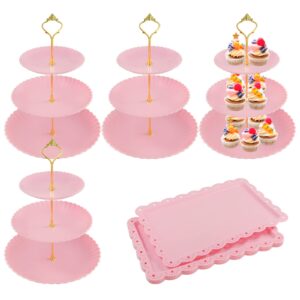 10 pcs pink plastic cake stand, 4 pcs 3 tier dessert display stands cookie tray rack serving tray cake display tower and 6 pcs dessert trays for wedding baby shower tea party (pink)