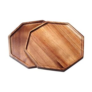 10 inch solid acacia wood serving platters and trays set of 2 highly durable dishwasher safe octagon party plates avoid sliding and spilling food with easy carry grooved handle design