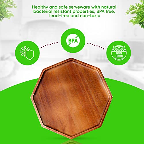 10 Inch Solid Acacia Wood Serving Platters and Trays Set of 2 Highly Durable Dishwasher Safe Octagon Party Plates Avoid Sliding and Spilling Food with Easy Carry Grooved Handle Design