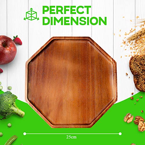 10 Inch Solid Acacia Wood Serving Platters and Trays Set of 2 Highly Durable Dishwasher Safe Octagon Party Plates Avoid Sliding and Spilling Food with Easy Carry Grooved Handle Design