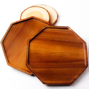 10 Inch Solid Acacia Wood Serving Platters and Trays Set of 2 Highly Durable Dishwasher Safe Octagon Party Plates Avoid Sliding and Spilling Food with Easy Carry Grooved Handle Design