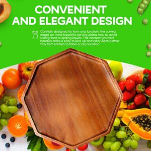 10 Inch Solid Acacia Wood Serving Platters and Trays Set of 2 Highly Durable Dishwasher Safe Octagon Party Plates Avoid Sliding and Spilling Food with Easy Carry Grooved Handle Design