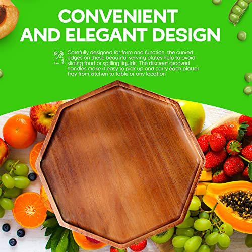 10 Inch Solid Acacia Wood Serving Platters and Trays Set of 2 Highly Durable Dishwasher Safe Octagon Party Plates Avoid Sliding and Spilling Food with Easy Carry Grooved Handle Design