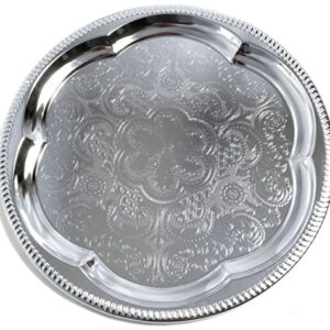 Maro Megastore (Pack of 4) 13.8-Inch Elegant Round Floral Pattern Engraved Catering Chrome Plated Serving Plate Mirror Tray Platter Tableware Holiday Wedding Birthday Party Deco Art (Medium) T226-4pk