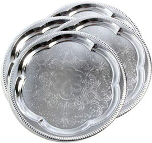 maro megastore (pack of 4) 13.8-inch elegant round floral pattern engraved catering chrome plated serving plate mirror tray platter tableware holiday wedding birthday party deco art (medium) t226-4pk