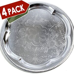 Maro Megastore (Pack of 4) 13.8-Inch Elegant Round Floral Pattern Engraved Catering Chrome Plated Serving Plate Mirror Tray Platter Tableware Holiday Wedding Birthday Party Deco Art (Medium) T226-4pk