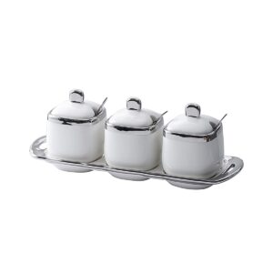 fvstar ceramic sugar bowls 3pcs porcelain seasoning pots with spoons,lid and tray kitchen spice canister jar set countertop condiment container for sugar,pepper,coffee,spice,salt (white)