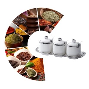 Fvstar Ceramic Sugar Bowls 3pcs Porcelain Seasoning Pots with Spoons,Lid and Tray Kitchen Spice Canister Jar Set Countertop Condiment Container for Sugar,Pepper,Coffee,Spice,Salt (White)