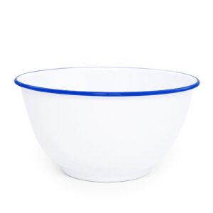 crow canyon home enamelware salad bowl, 5 quart, vintage white/blue