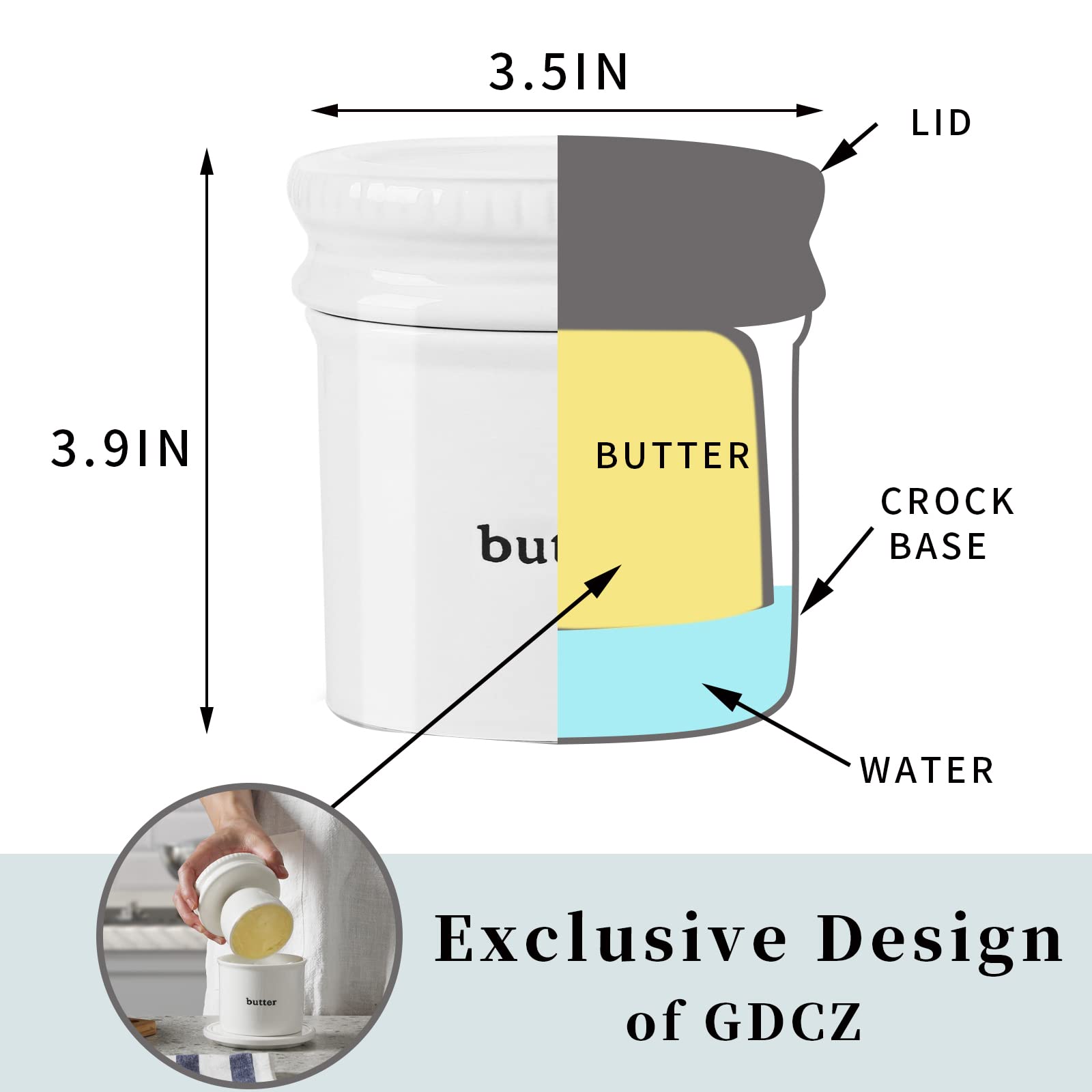 GDCZ Butter Dish With Water Line,Ceramics French Butter Keeper Crock With Lid, White